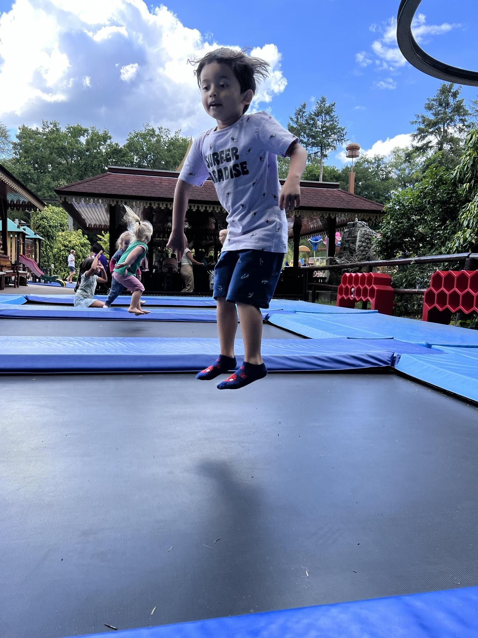 Een jonge jongen springt op een trampoline.
