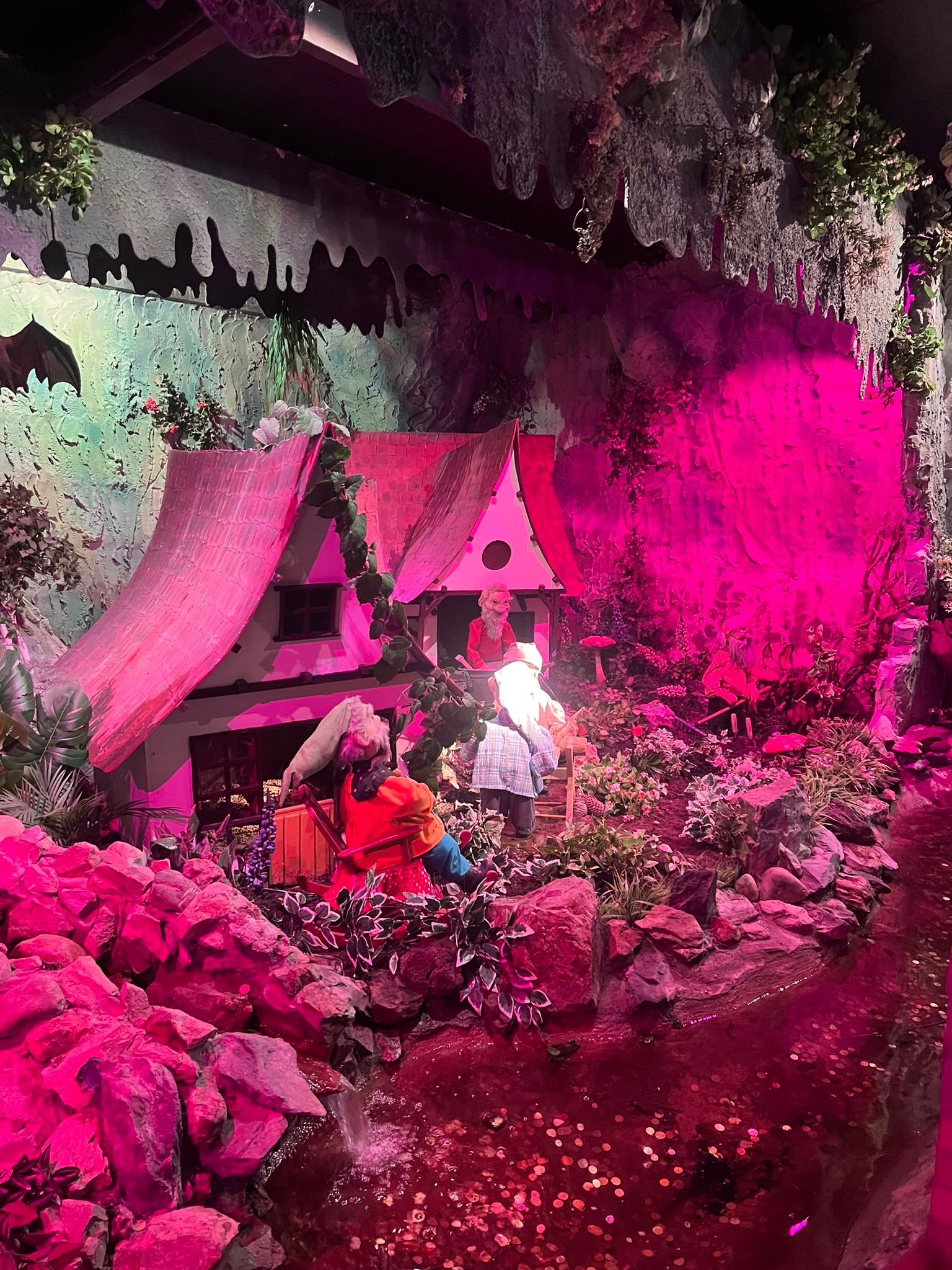 Een groep mensen staat voor een huis in een grot met roze lichtjes.