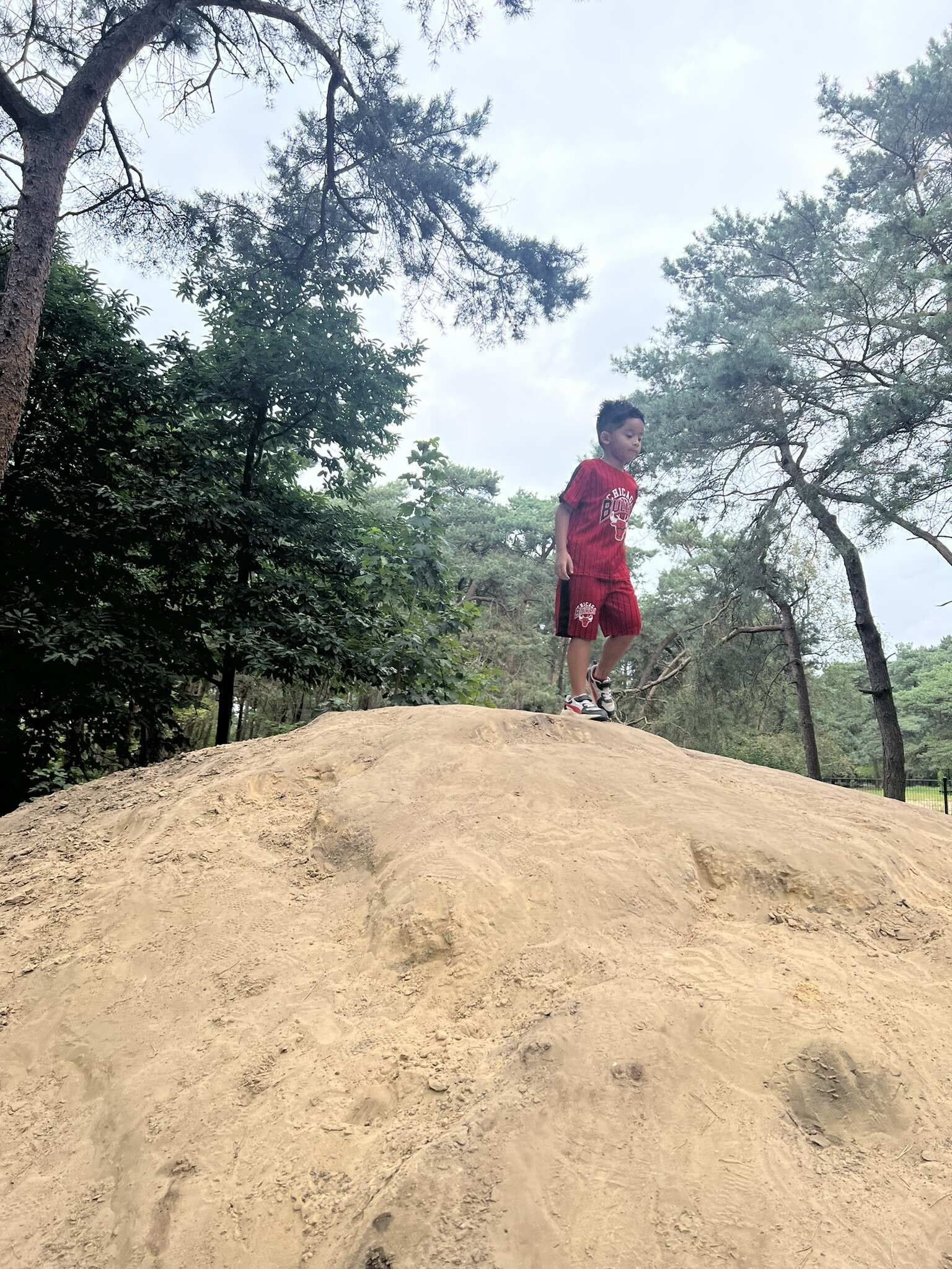 Een jonge jongen staat bovenop een hoop zand.
