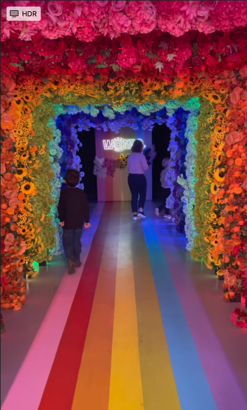 Mensen lopen door een tunnel van bloemen en regenbogen.