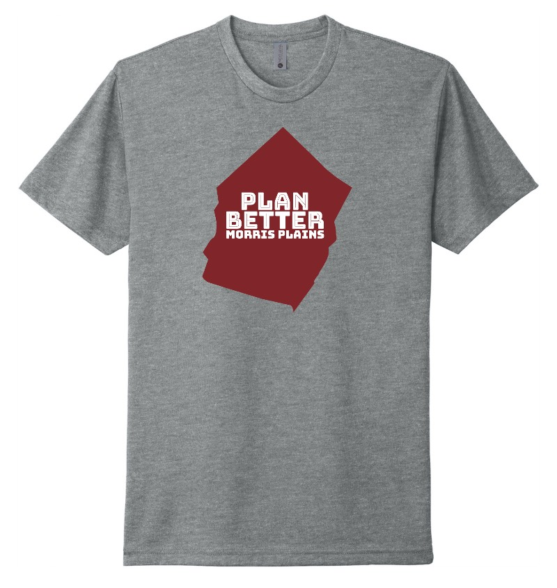 Gray t-shirt with a red-brown outline of New Jersey and text
