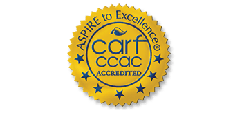 CARF CCAC Accredited seal, gold and blue, with 