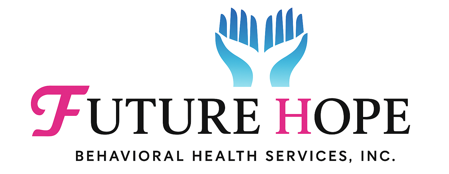 Logo for Future Hope: hands in support, name with pink accents, and behavioral health services text.