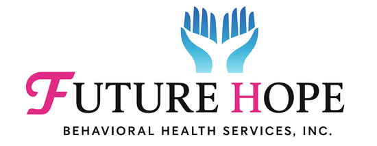 Logo for Future Hope: hands in support, name with pink accents, and behavioral health services text.