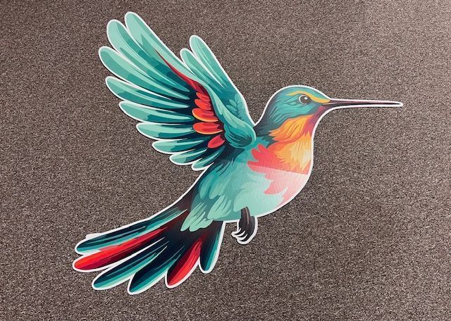 Colorful hummingbird cutout, wings spread in flight, against a dark speckled background.
