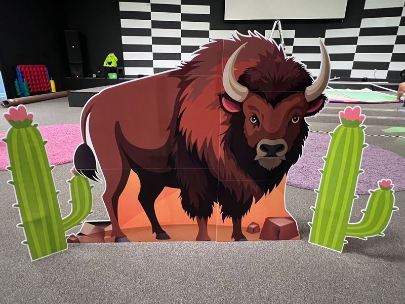 Cutout of a bison with brown fur and horns, desert scene, flanked by two green cacti.