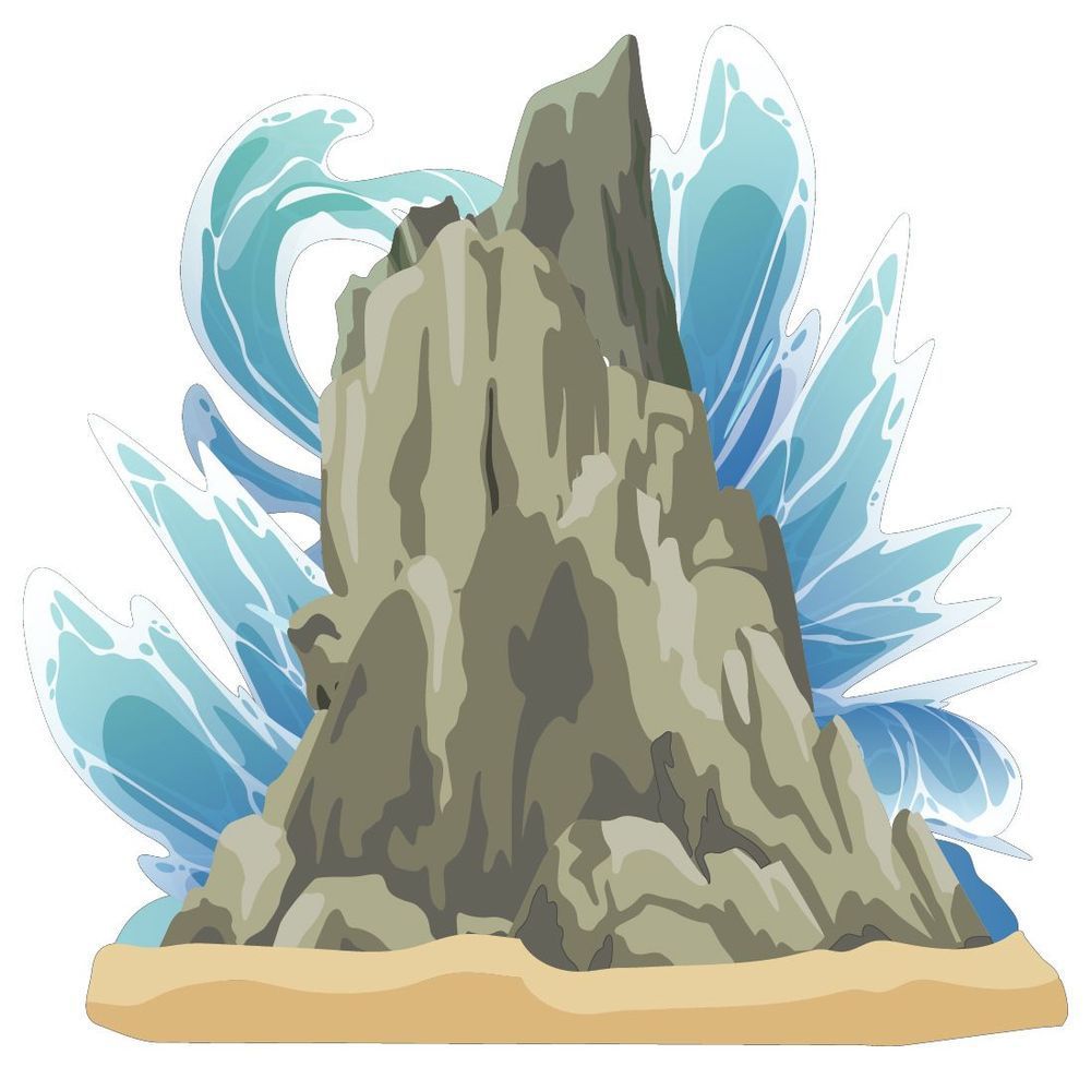 Rocky island with light blue water waves crashing around it, sitting on a sandy beach.