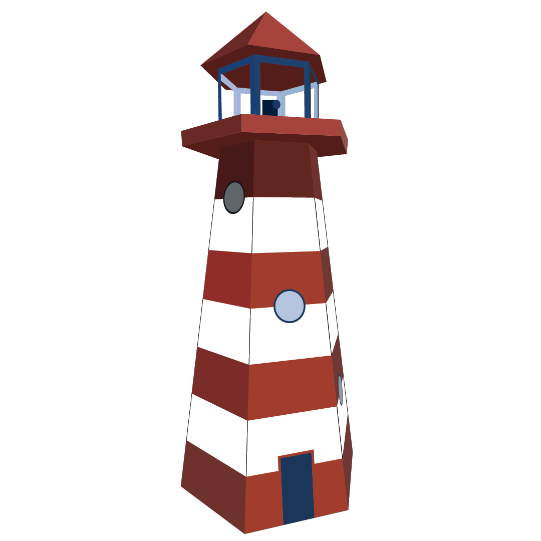 Red and white striped lighthouse with a blue door and window details.