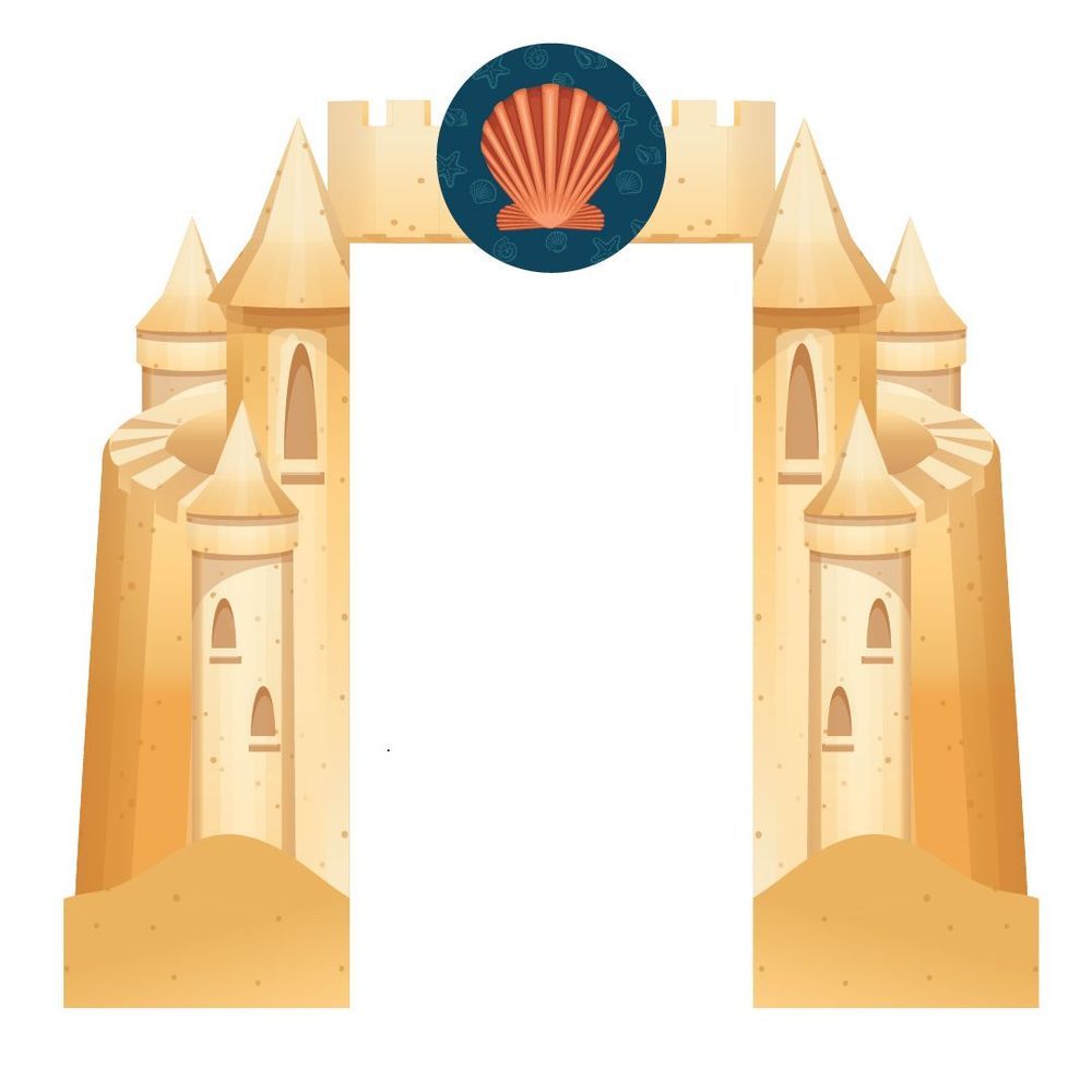 Sandcastle archway with a blue circle featuring an orange seashell.