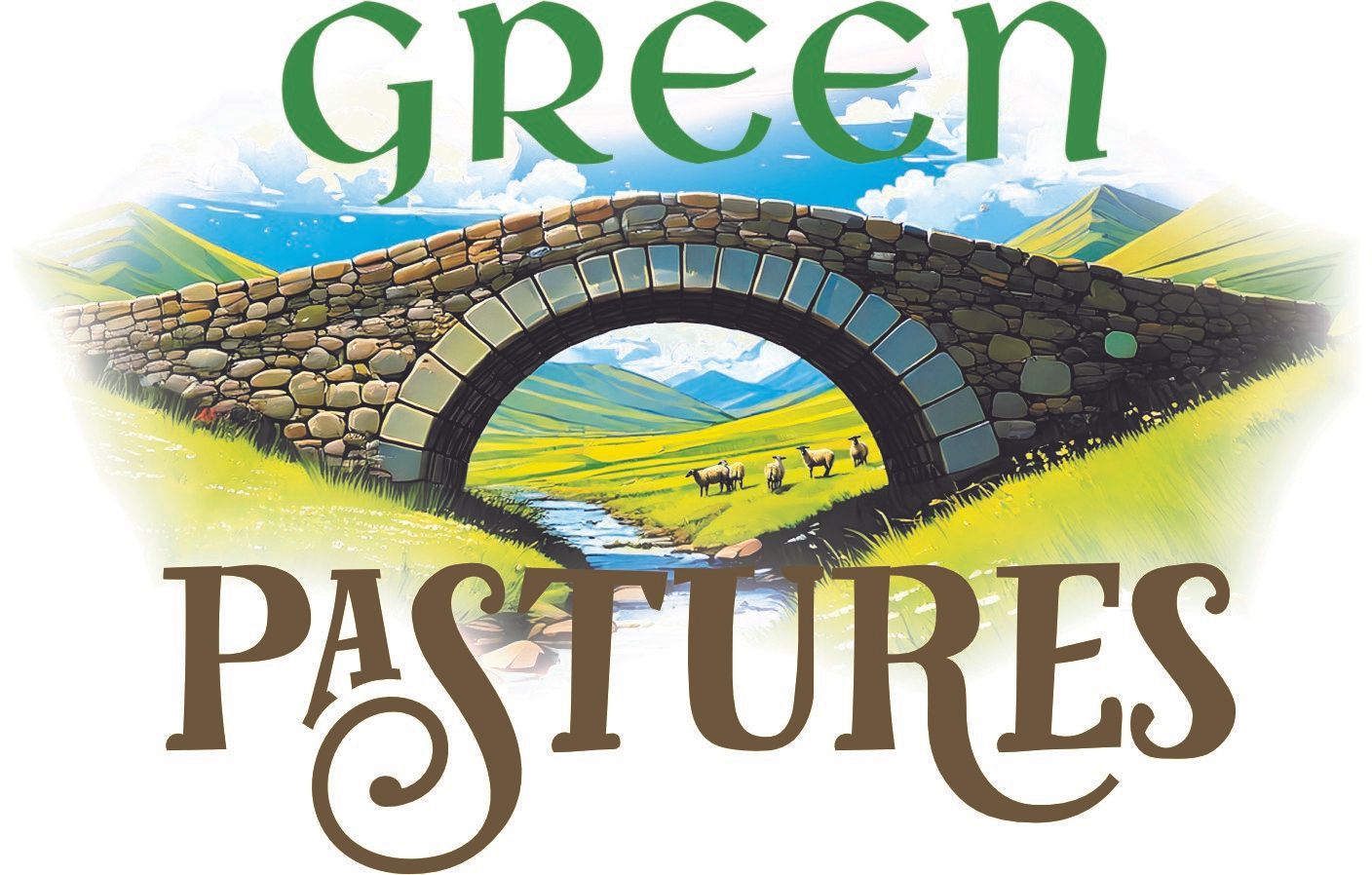A logo with a stone bridge over a stream in green fields under mountains, with the text 