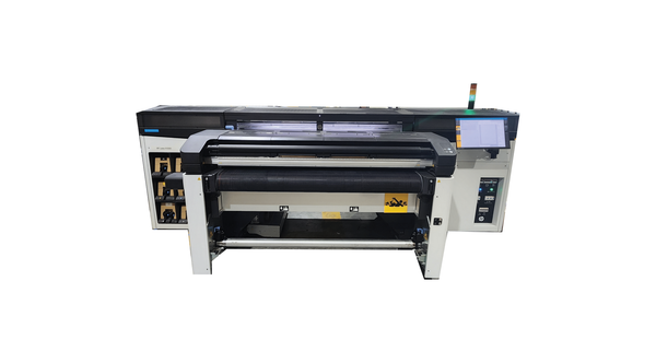 Wide-format printer with black and white body, control panel, and roll of paper.