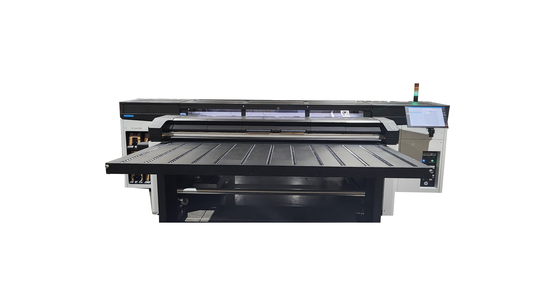 Large, flatbed printer with black and silver components, used for printing on flat surfaces.