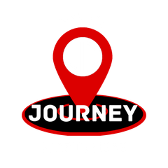 A red pin pointing to the word journey on a white background.