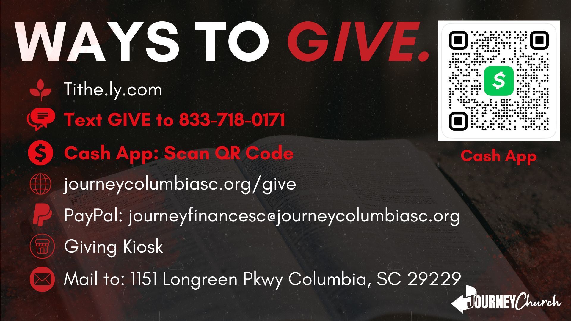 A sign that says ways to give with a qr code