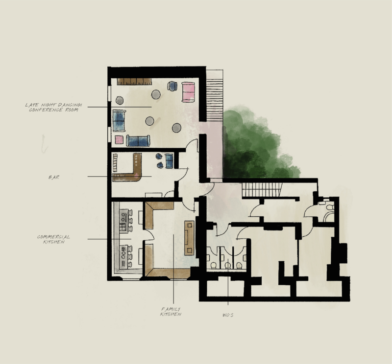 A floor plan of a house with a tree in the middle