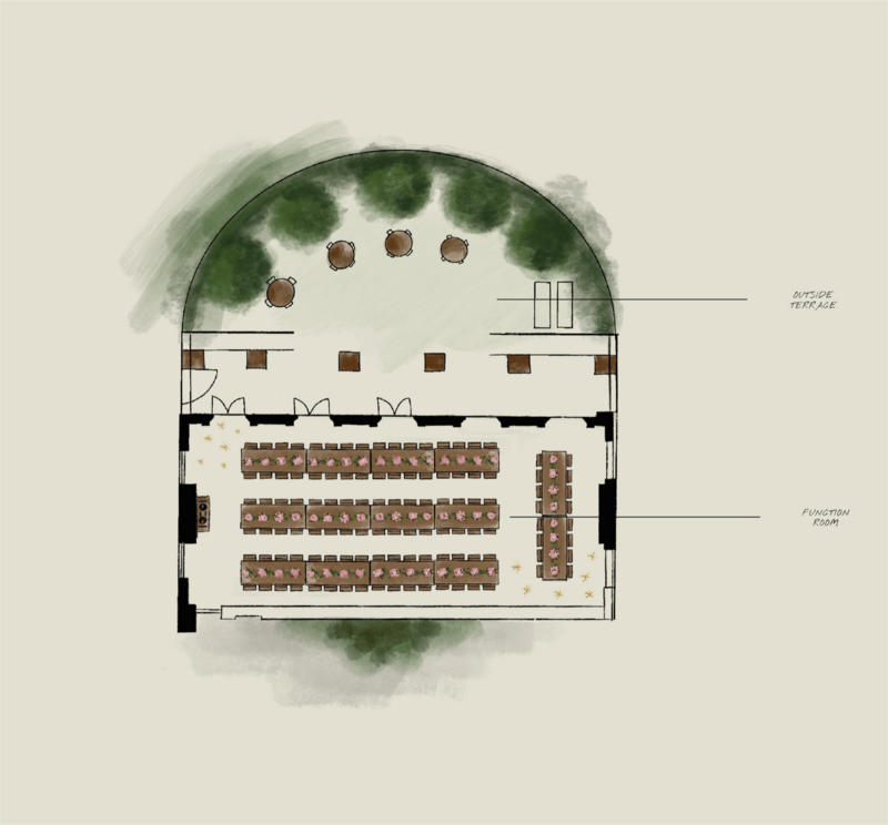 A floor plan of a building with tables and chairs