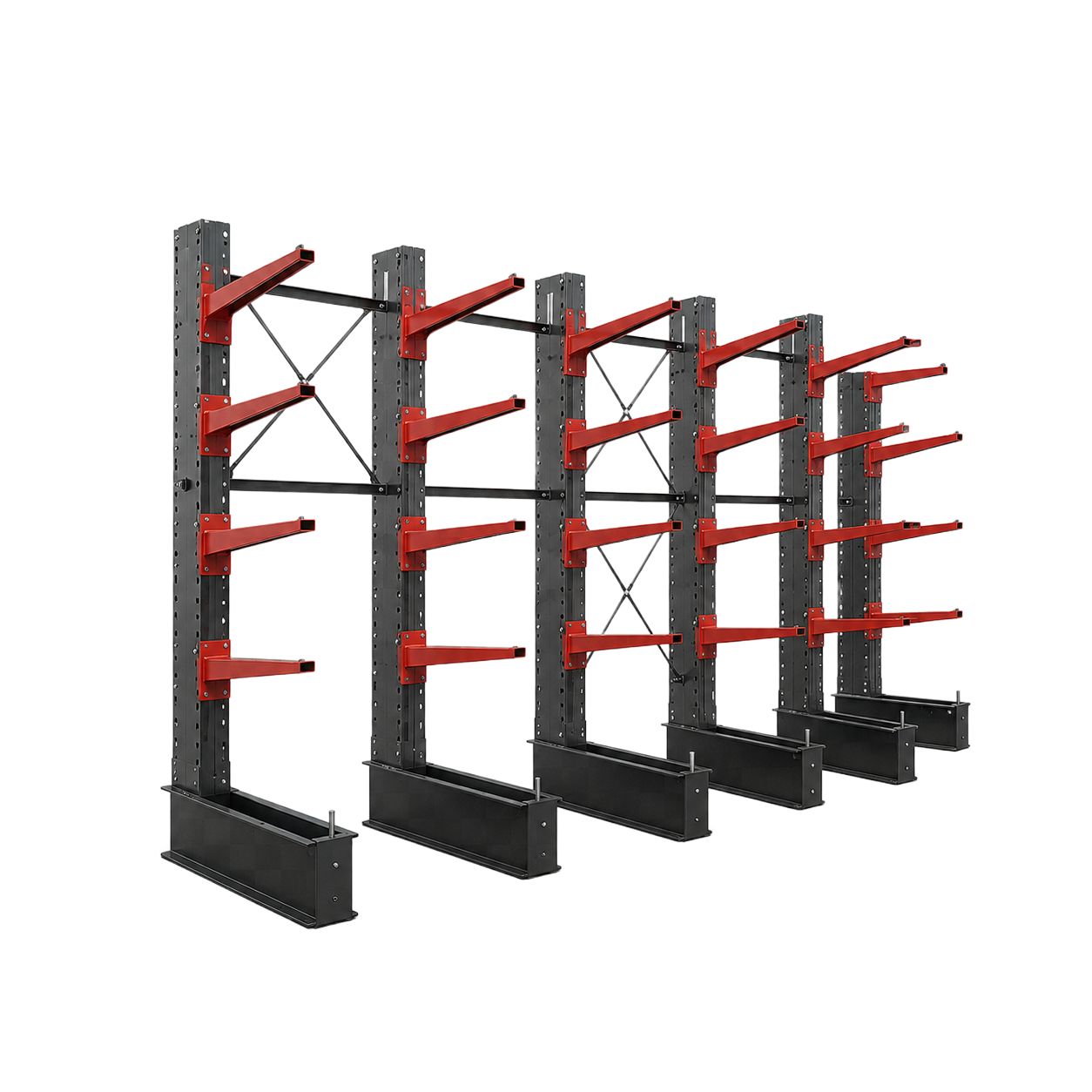 Scaffale a parete nero e rosso con montanti verticali multipli e bracci orizzontali per riporre oggetti.