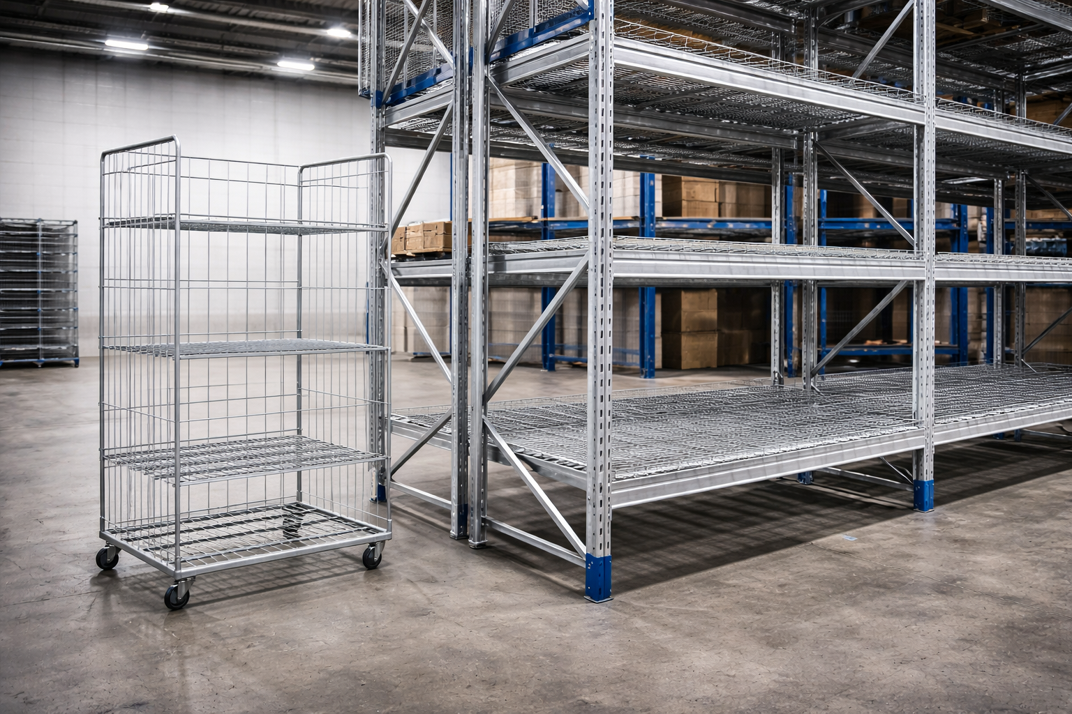 In un magazzino, un alto carrello in metallo argentato con ripiani si trova accanto a grandi scaffalature industriali vuote.