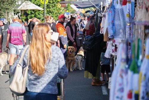 a woman is walking through a market with a dog .