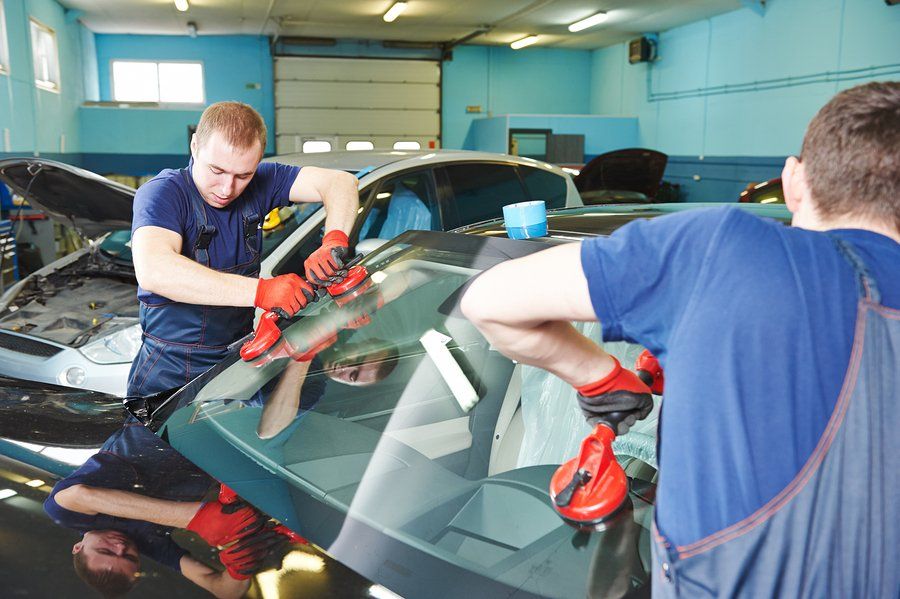male workers installing the car windshield