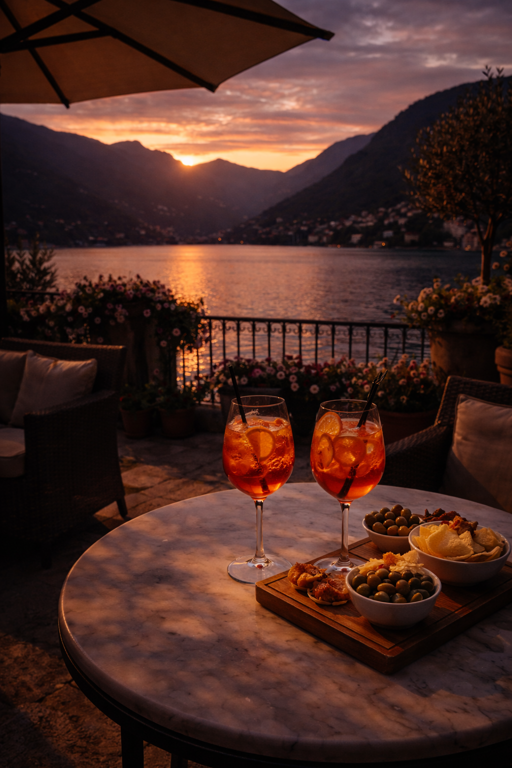 Due cocktail all'arancia su un tavolo con vista sul lago e sulle montagne al tramonto.