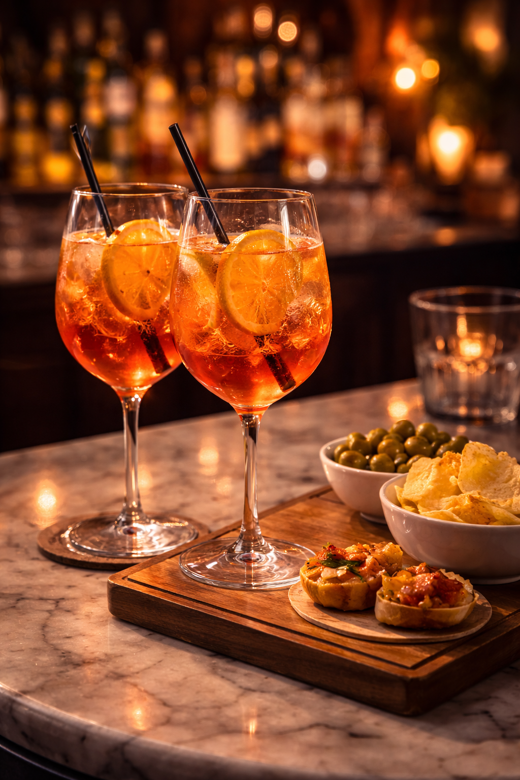 Due cocktail Aperol Spritz con fette d'arancia, stuzzichini e snack al bancone del bar.