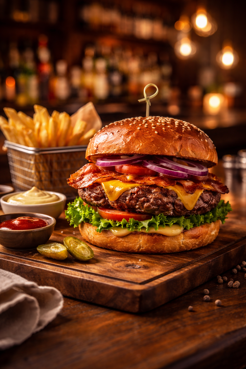 Delizioso hamburger con pancetta, formaggio e cipolla rossa, servito su un tagliere di legno, accompagnato da patatine fritte e salse.