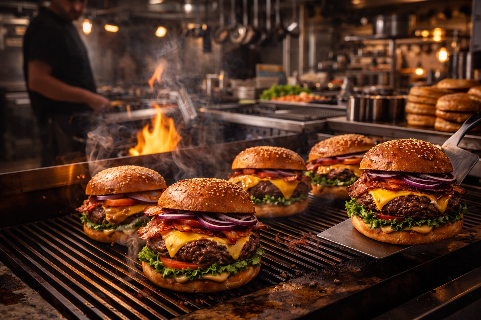 Hamburger sulla griglia, fiamme sullo sfondo, chef che cucina. Gli hamburger sono preparati con panini, lattuga, formaggio, cipolla e pancetta.