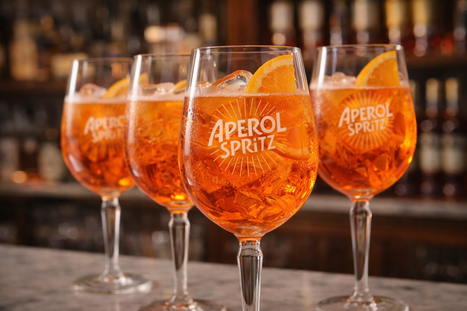 Quattro cocktail Aperol Spritz con fette d'arancia, su un bancone del bar.