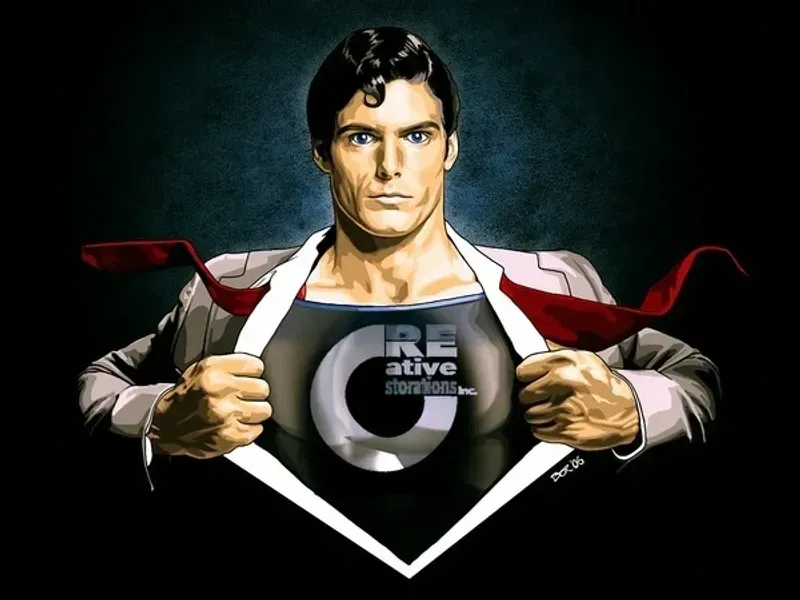 Superman ripping open his shirt to reveal a Creative Standards logo; dark background.