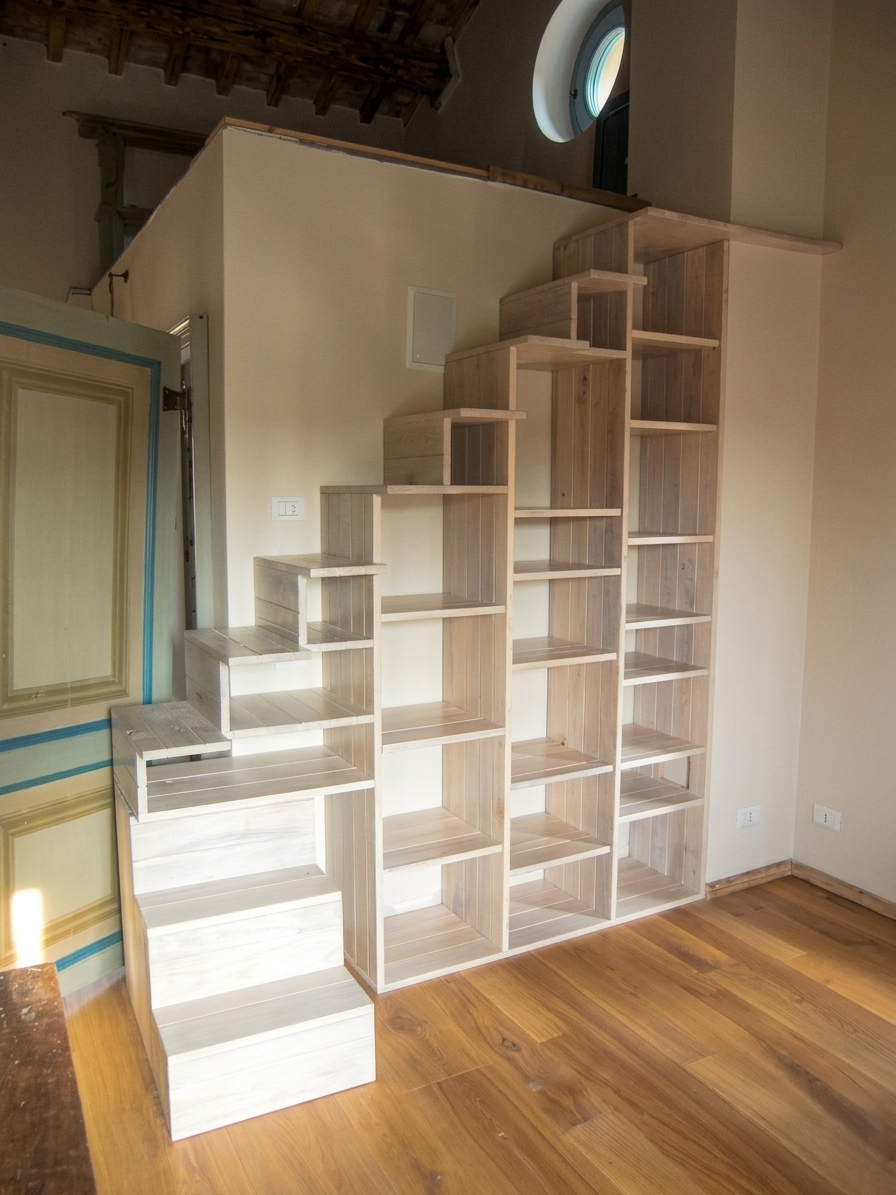 Scala in legno chiaro con scaffalature integrate che conduce a un piccolo soppalco all'interno di una stanza.