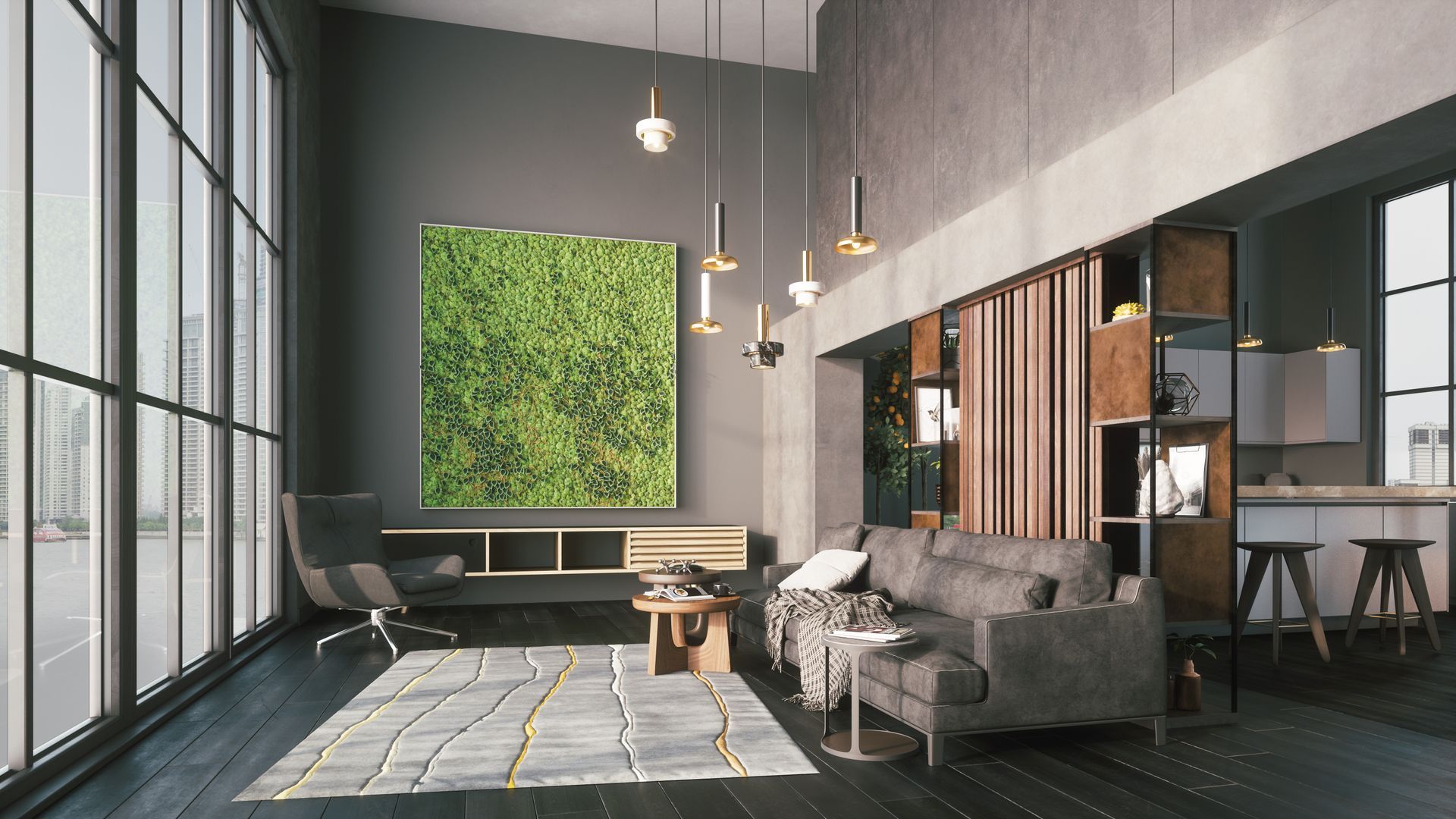 A modern living room with gray walls, a sofa, a green moss wall art, and large windows, connecting to a kitchen area.