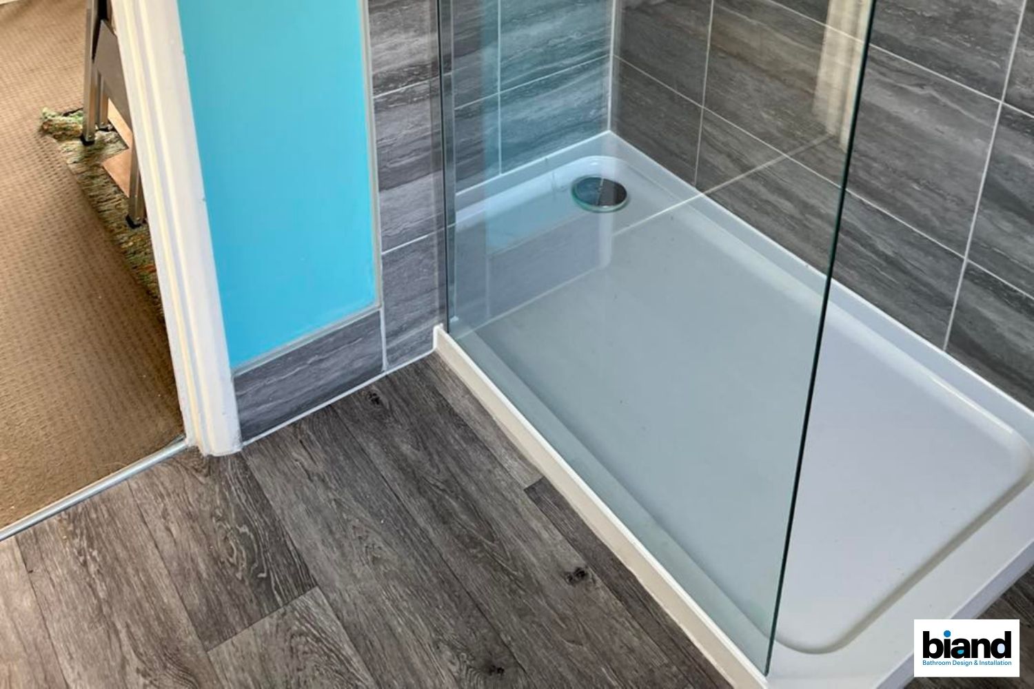 A shower with gray tile, glass door, and light gray base, next to a blue wall and wood-look floor.