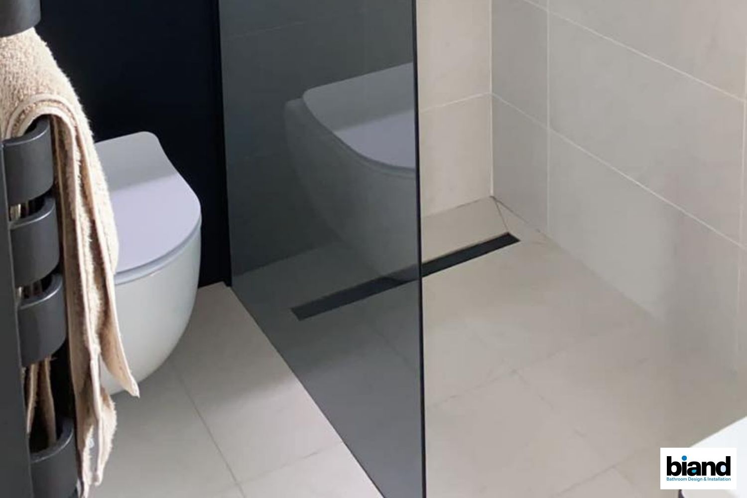 Modern bathroom with shower stall, toilet, dark shower divider, and heated towel rack.