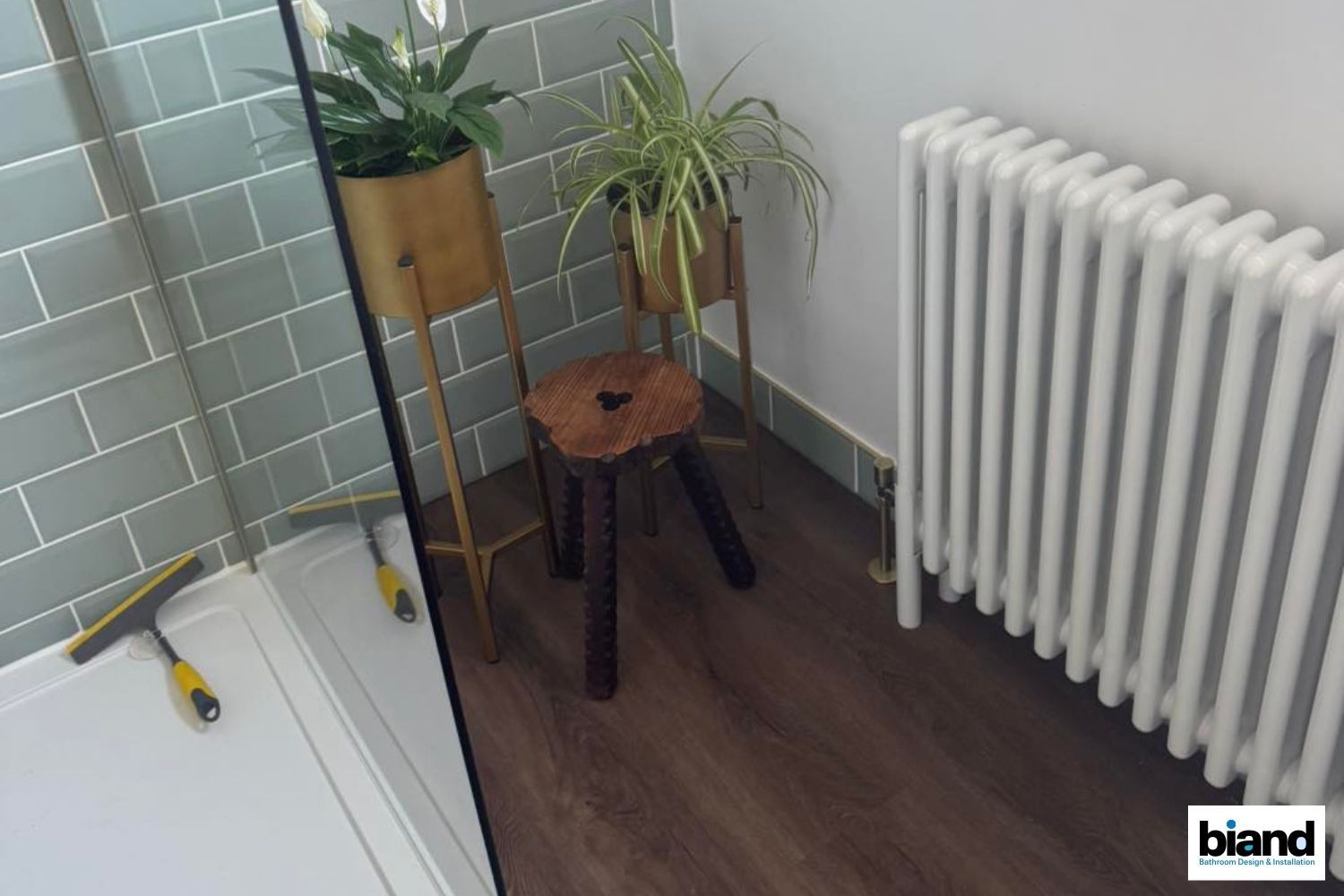 Bathroom with plants on a stool, radiator, tiled wall, and a shower with a squeegee.