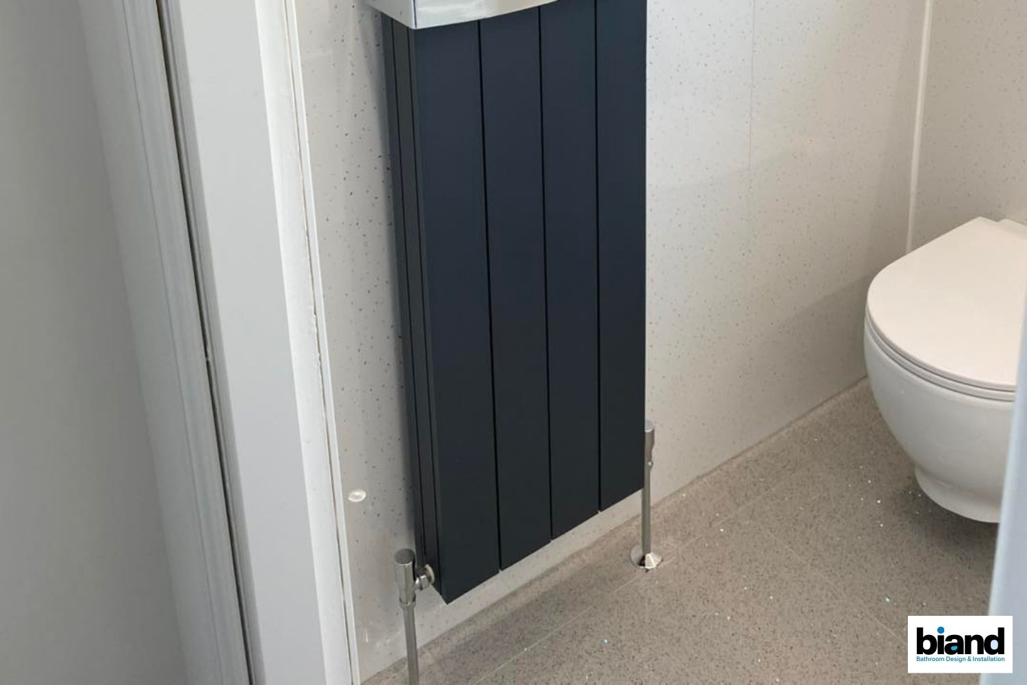 Dark blue vertical radiator in a small bathroom next to a white toilet.