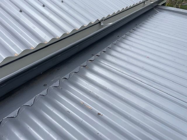 A dark grey Colorbond roof with a gutter running above roofing panels— Coast Metal Roof & Gutter In Tumbi Umbi, NSW