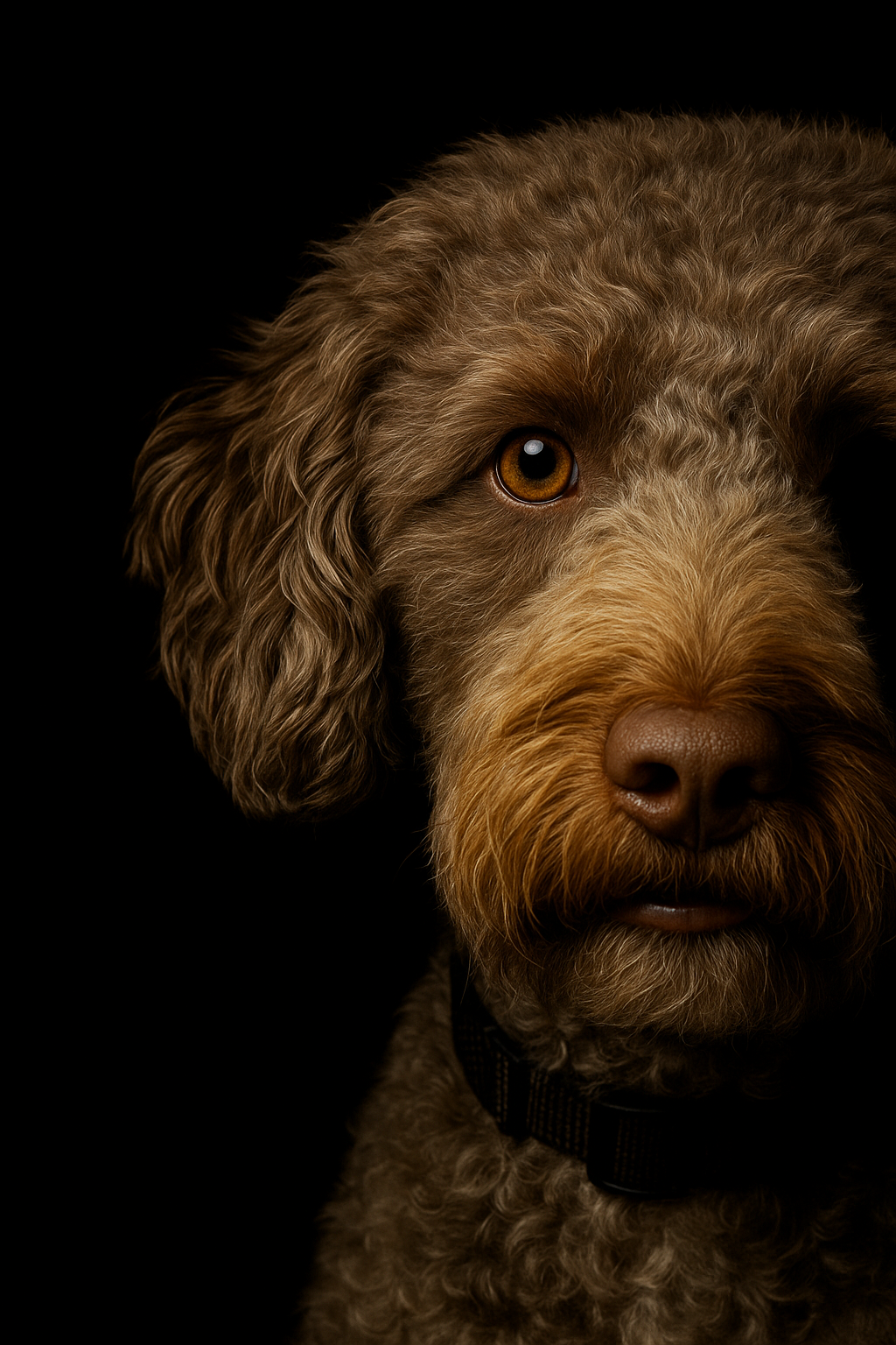 Ein von ChatGPT generiertes Bild eines Lagotto Romagnolo Hundes im Studio Setting vor schwarzem Hintergrund.
