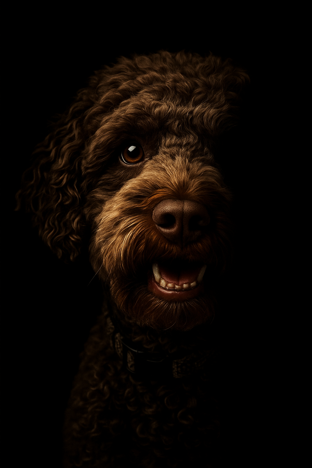 Ein von ChatGPT generiertes Bild eines Lagotto Romagnolo Hundes im Studio Setting vor schwarzem Hintergrund.