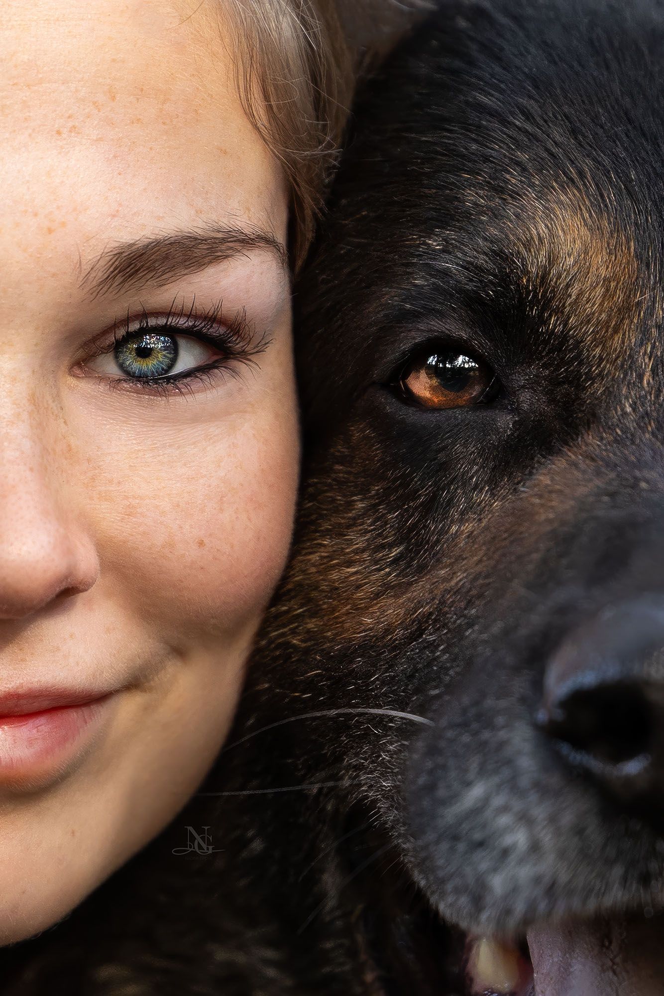 Eye To Eye Nahaufnahme einer Frau und eines Schäferhundes, die ihre Gesichter nah aneinerander drückenn.