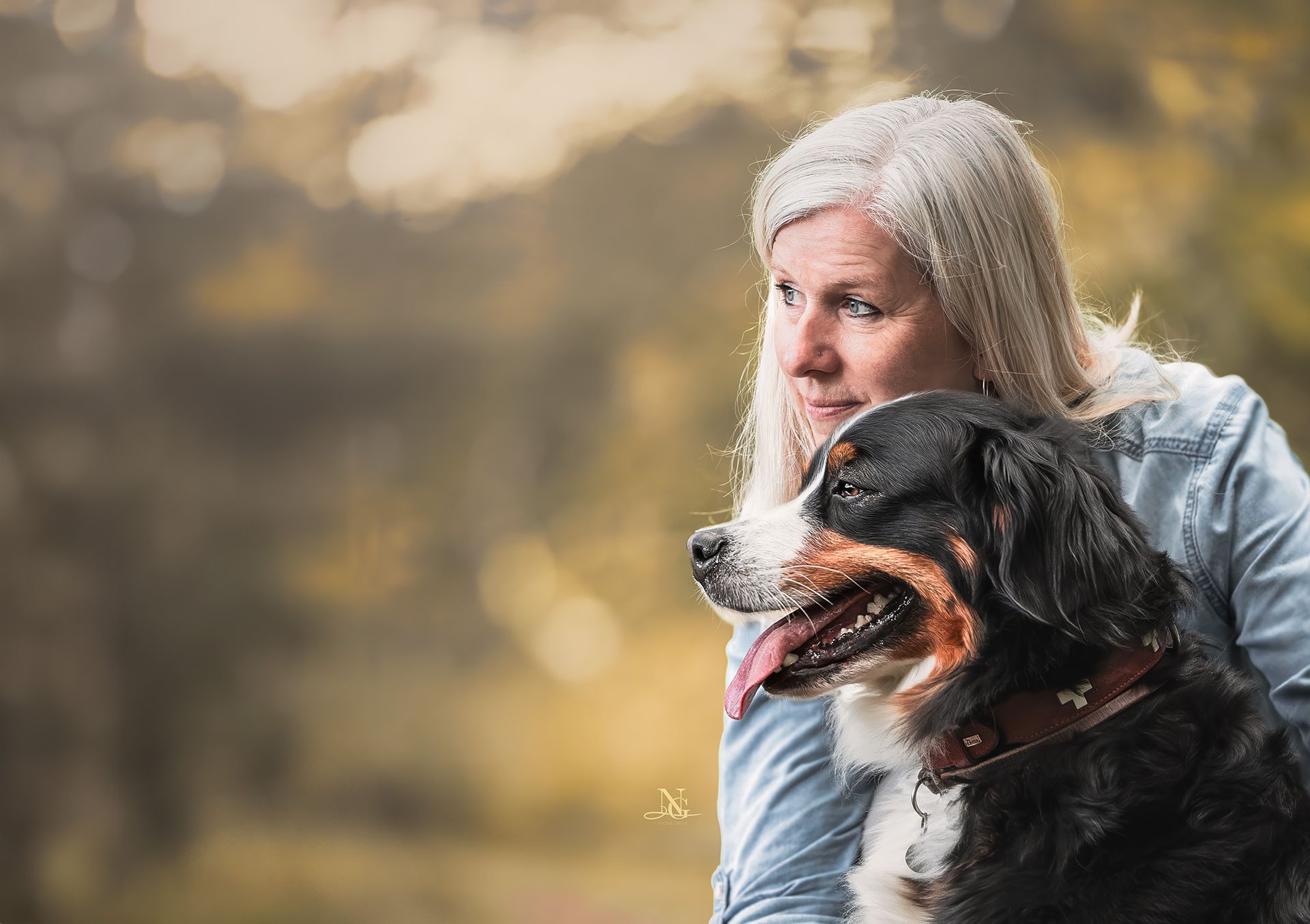 Portraitbild eines Bernersennenhund und einer Frau die gemeinsam in die Ferne schauen. 