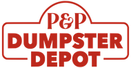 Red and white logo: P&P Dumpster Depot. Text inside a red rectangular border with a rounded top.