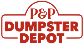 Red and white logo: P&P Dumpster Depot. Text inside a red rectangular border with a rounded top.