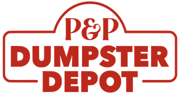 Red and white logo: P&P Dumpster Depot. Text inside a red rectangular border with a rounded top.