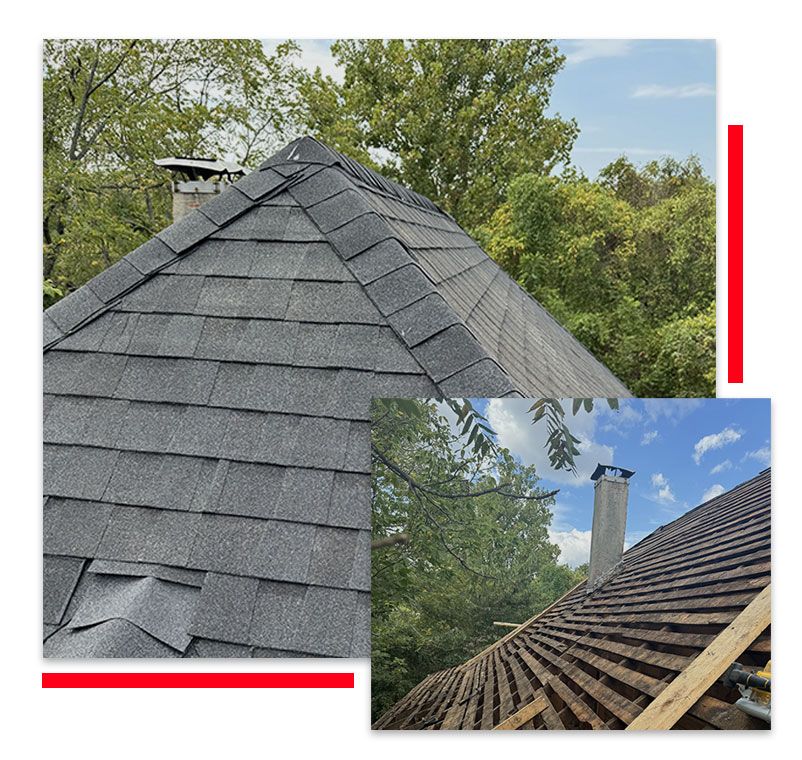 A picture of a roof with a chimney and trees in the background.