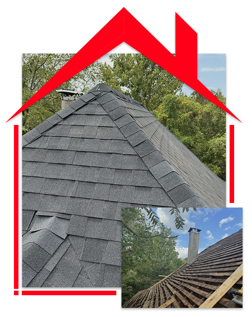 A picture of a roof and a picture of a chimney