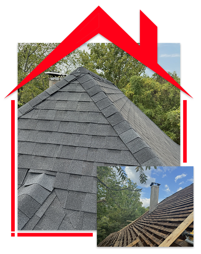 A picture of a roof and a picture of a chimney