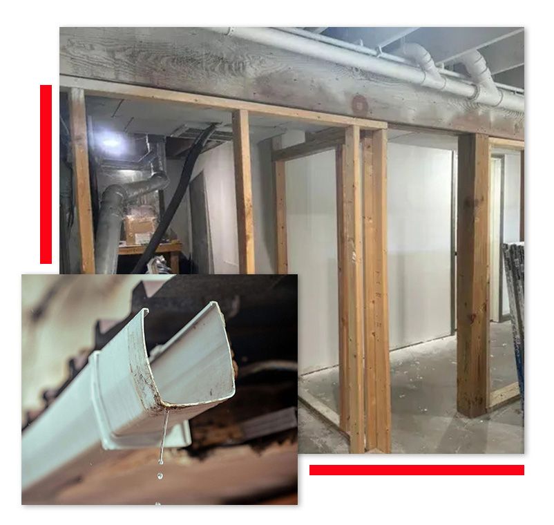 A picture of a basement under construction with a broken gutter.
