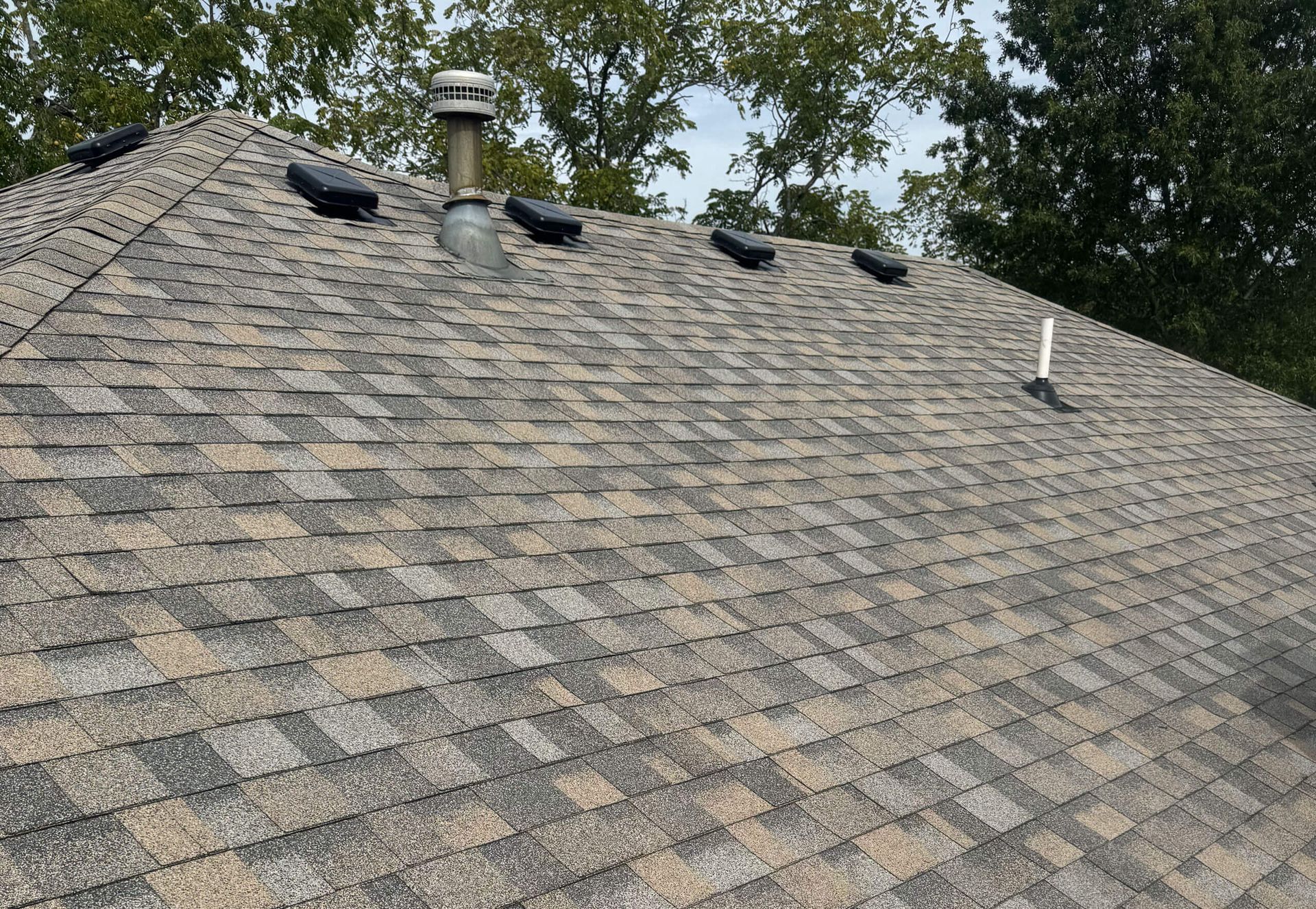 A close up of a roof with a chimney and trees in the background.