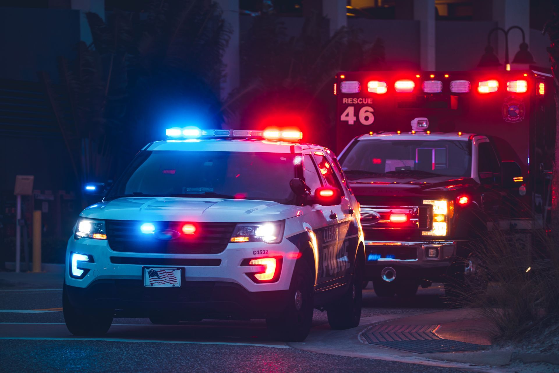 American Police Car and Emergency truck with Blue and red lights